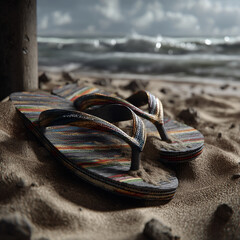 colorful flip-flops partially buried in soft golden sand, bright summer sunlight casting soft shadows


