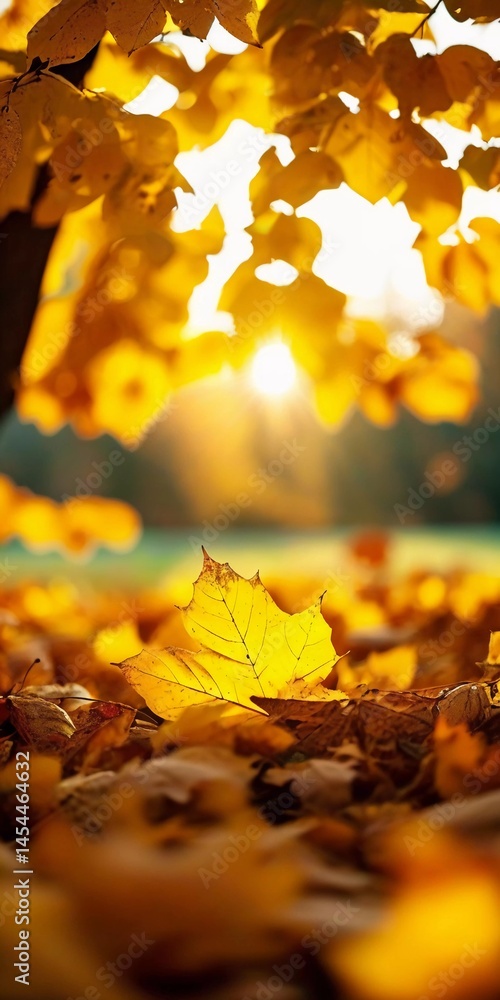 Poster sunlight filters through a canopy of golden leaves, casting warm hues on a carpet of fallen foliage,