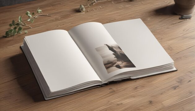 Open vertical photo album mockup, ready for customization, blank pages, book mockup, graphic