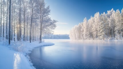 Frozen lake in snowy forest