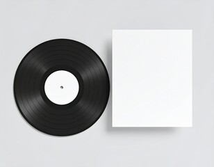 Realistic black vinyl record with blank white cover on grey background, 3D rendering mockup for music branding, retro design, album artwork template