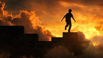 Silhouette of a child running up steps against a fiery sunset.