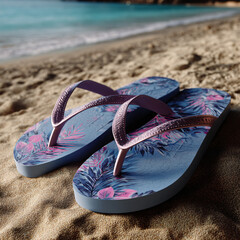colorful flip-flops partially buried in soft golden sand, bright summer sunlight casting soft shadows


