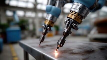 Obraz premium Industrial Robots Welding Metal Surface in Workshop or Factory Setting with Focus on Welding Tips and Nozzles