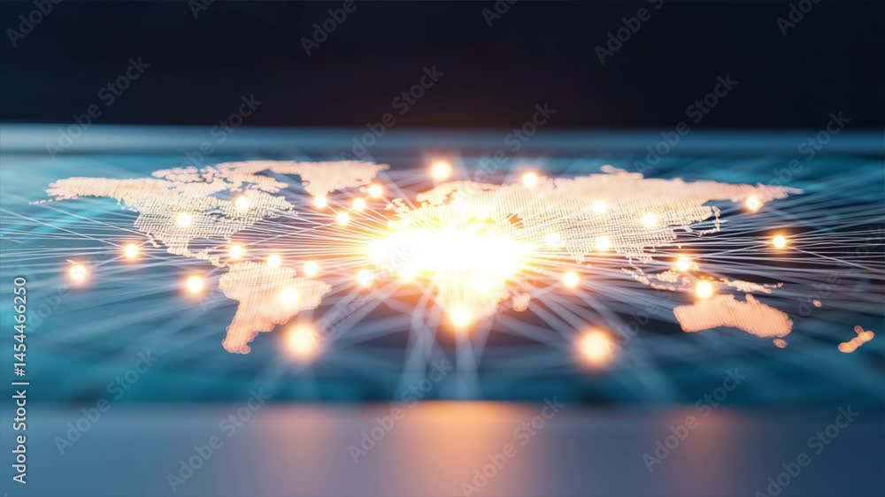 Poster a close-up image of a hand interacting with a glowing digital world map, symbolizing global connecti