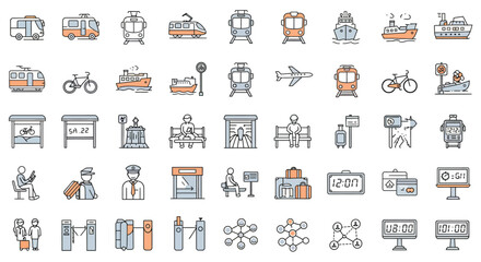Fototapeta premium Illustrated Transportation Icons Depicting Various Modes of Travel and Transit