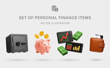 A Set of Personal Finance 3D Vector Items: Safe, Piggy Bank, Gold Coin, Stock Ticker, Banknote, Wallet, Credit Card