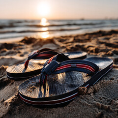 colorful flip-flops partially buried in soft golden sand, bright summer sunlight casting soft shadows


