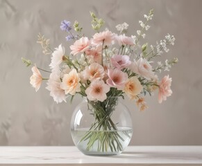 Obraz premium Delicate pastel watercolor flowers in a glass vase, soft hues and gentle brushstrokes , gentle, picturesque