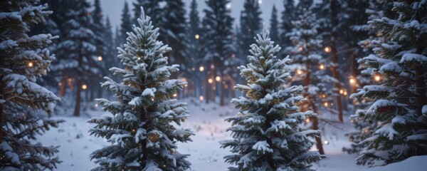 Fototapeta premium Snow-covered pine trees, twinkling lights, frosted berries , photography, background