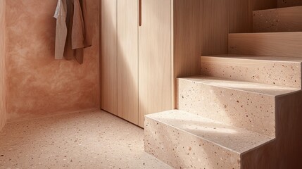 Interior staircase design with natural stone flooring and wall.