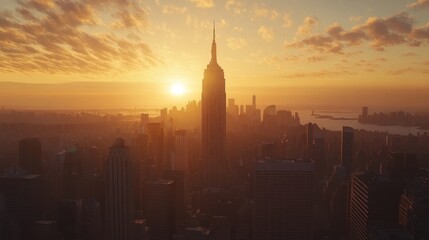 Obraz premium City skyline at golden hour. Vast urban sprawl bathed in warm sunset light, highlighting iconic skyscraper, with hazy atmosphere