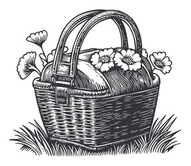 Obraz premium Vintage basket with flowers, artistic vector style illustration