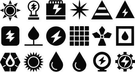 A black vector icon set of summer travel symbols including sun, boat, tree, and beach illustrations