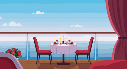 Fototapeta premium Romantic setting for dinner on a cruise ship balcony overlooking the ocean