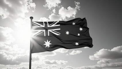 Monochrome view of an australian flag billowing.