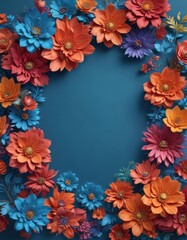 Fototapeta premium Vibrant paper flowers, blue backdrop, central space, pastel, mockup