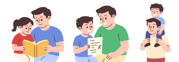 A loving father spending quality time with his children. Reading together, helping with homework, and enjoying a fun piggyback ride. The cartoon illustration captures the essence of family.