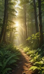 Golden sunlight filters through lush green leaves, dappling the forest floor ,  woodland,  greenery,  leaves