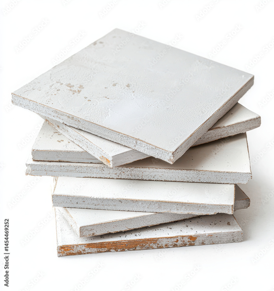 Poster white textured tiles stacked in neat pile, showcasing rustic and worn appearance, perfect for home d