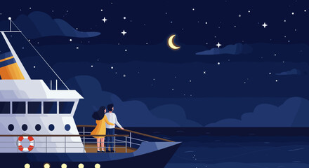 Fototapeta premium Couple enjoying a romantic night on a cruise against starry sky 