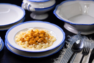 Traditional czech dish, chicken with paprika creamy sauce with pasta - typical for czech or middle...