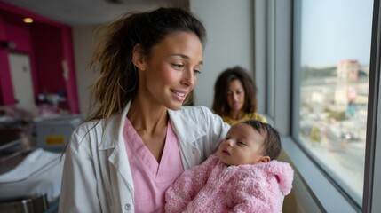 Nurse Holding Baby in Hospital Room with Mother in Background Near Large Window