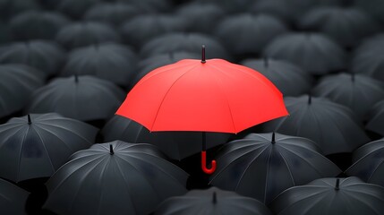 A red umbrella stands out amidst a sea of black umbrellas.