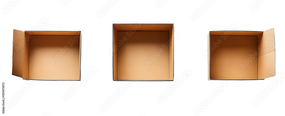 Aufkleber generate three views, one front view and two side views of the cardboard box on white background, fr