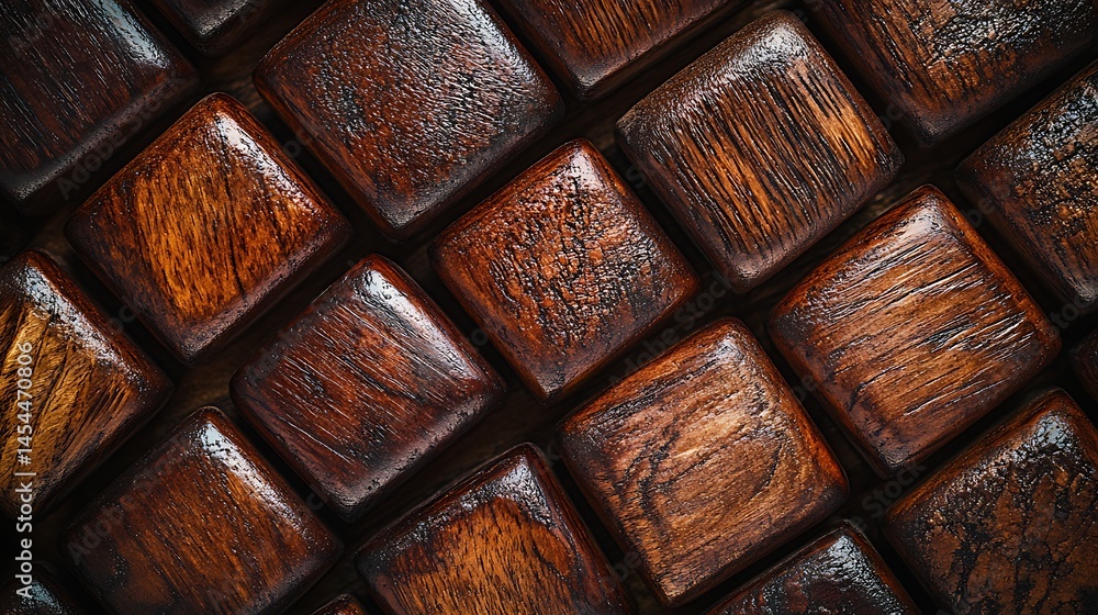 Poster close-up view of polished wooden blocks arranged in a geometric pattern, showcasing rich textures an