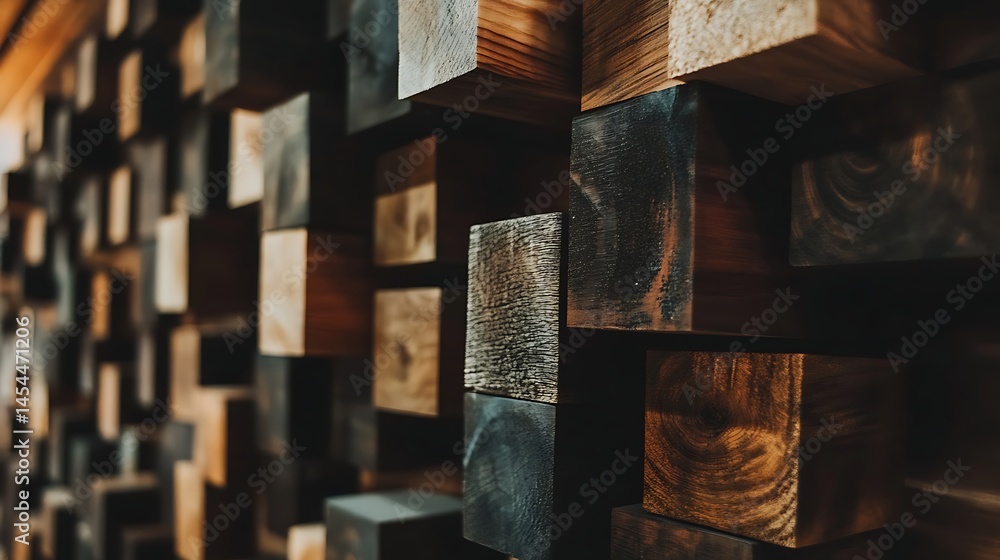 Poster close-up view of a textured wooden wall featuring varying block shapes and colors, creating depth