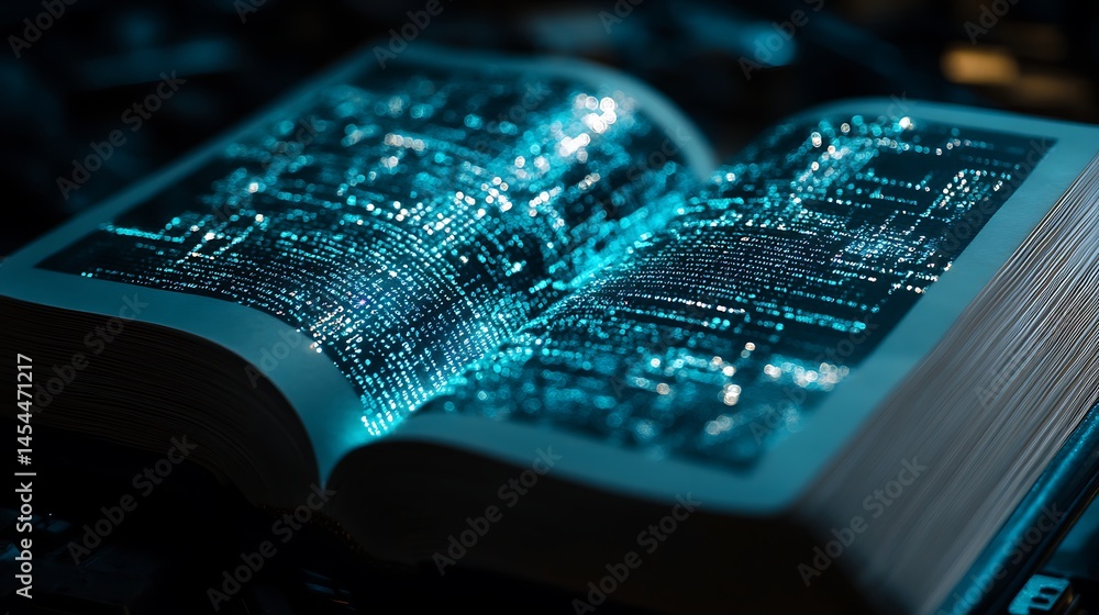 Aufkleber open book with glowing text and circuit patterns, set against a dark background with technology elem
