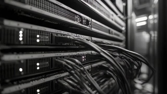 Black and white image of a computer server room with many cables and servers. Scene is serious and technical, as it shows the inner workings of a computer network
