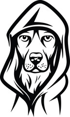 A cute dog wearing a hooded sweatshirt premium quality silhouette vector art, dog wearing a hooded sweatshirt line art vector icon design