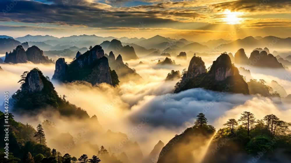 Poster sunrise over a mystical mountain range with a blanket of clouds