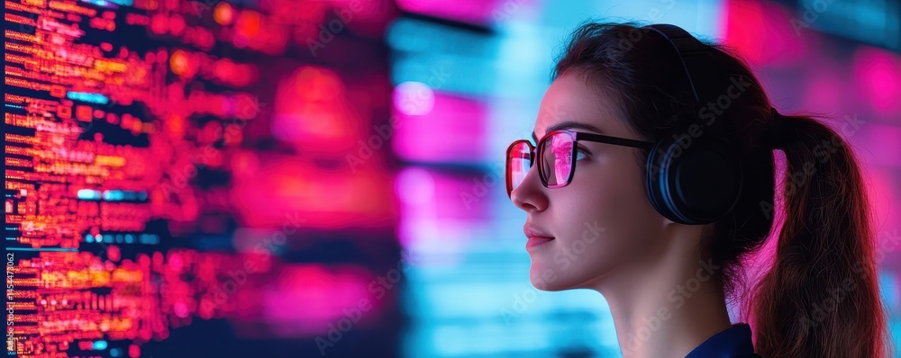 Poster a focused woman with headphones analyzes colorful code on a large digital screen in a tech-driven en