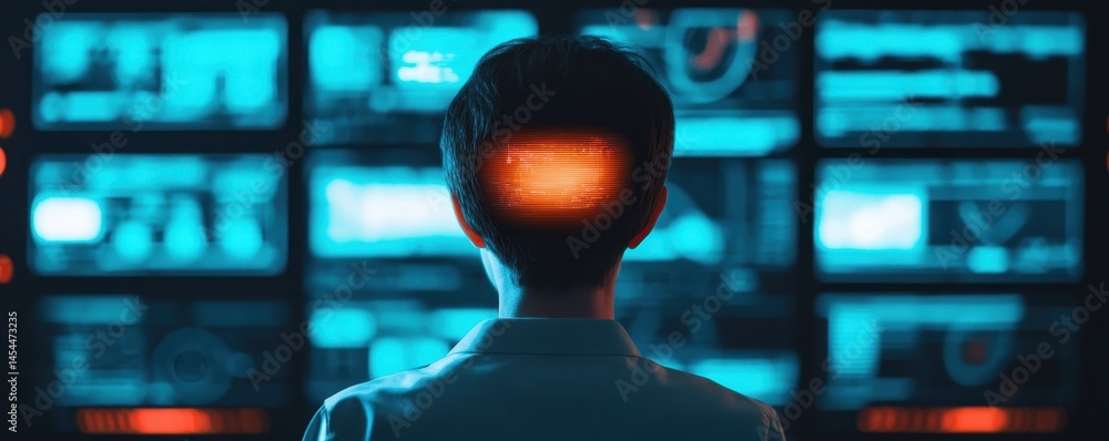 Poster a person with a digital display on their head monitors multiple futuristic screens, symbolizing huma