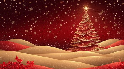 Golden Christmas Tree: A magical winter landscape with a golden Christmas tree glistening under a snowfall of sparkling stars, evoking warmth and joy.  