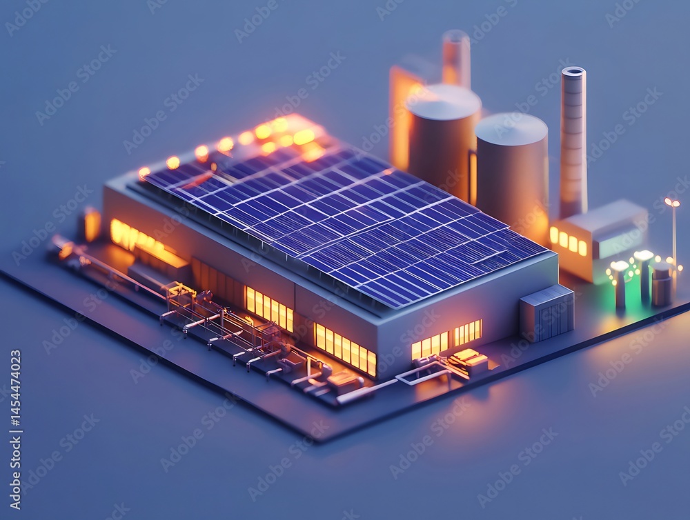 Aufkleber 青い太陽光発電パネルを備えた工場建築モデルの未来的なデジタル描写