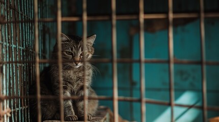sad cat in animal shelter, abandoned and lonely animals, charity and animal care	