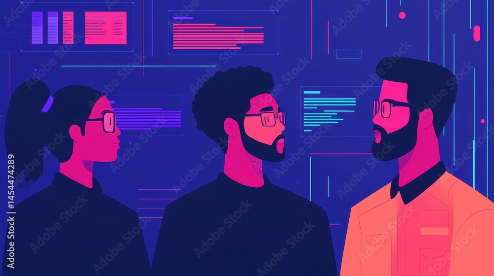 Poster three professionals collaborate in a tech-driven, digital workspace, surrounded by data and interfac