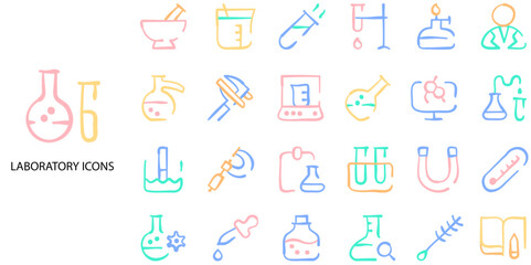 Laboratory simple concept 24 color icons set. Contains such experiments, glassware and molecules .Vector illustration.