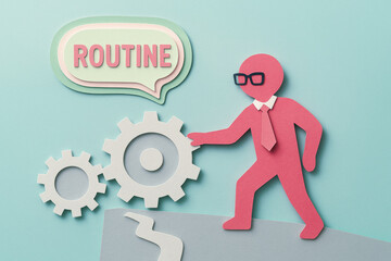 Fototapeta premium Routine symbolizing business productivity with paper cutout figure in tie and glasses interacting with gears on pastel background