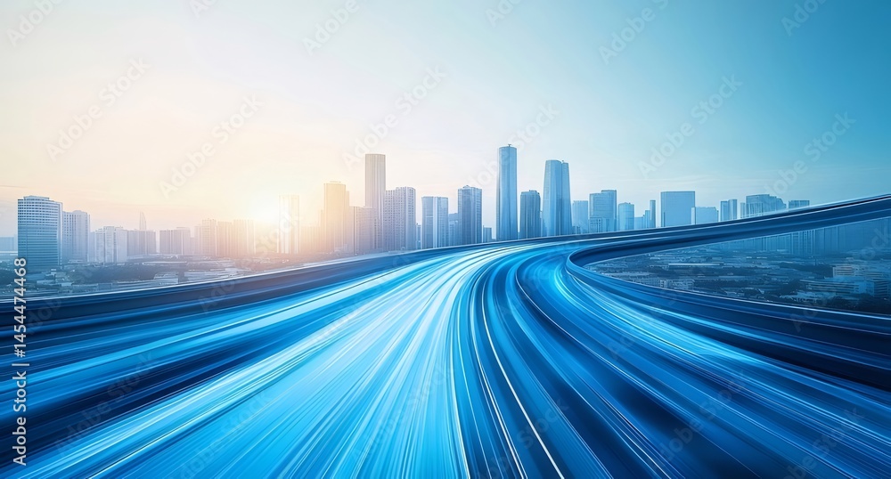 Aufkleber 青い光の線が都市を結びつける未来的な高速道路の風景