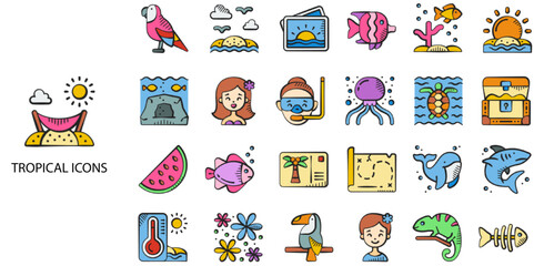 Tropical color 28 icons. Set of trendy doodle and abstract nature icons on isolated background. Colorful summer collection, unusual organic shapes in freehand matisse art style. Vector illustration.