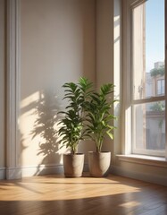 Fototapeta premium Sunlit empty room, single potted plant in corner, green, shadow, foliage