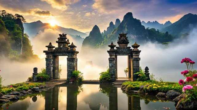 Serene oriental garden gate at sunrise with misty mountains and colorful blossoms