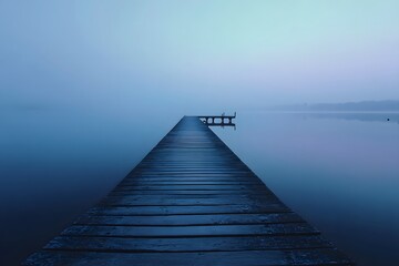 Fototapeta premium Serene Misty Lake at Dawn with Wooden Pier Leading into Foggy Water