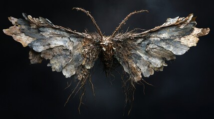 Artistic butterfly sculpture made of leaves and twigs on black background for nature lovers and art collectors