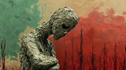 Abstract art painting of a sad figure with texture and color background for emotional expression art